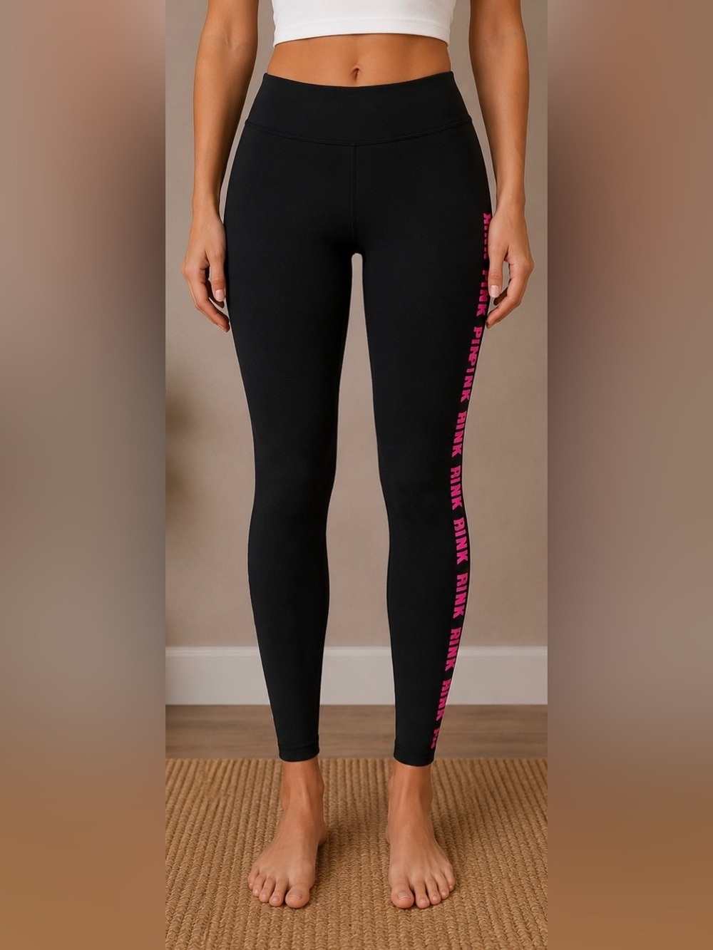 PINK Victoria's Secret Black Leggings with Pink Side Logo